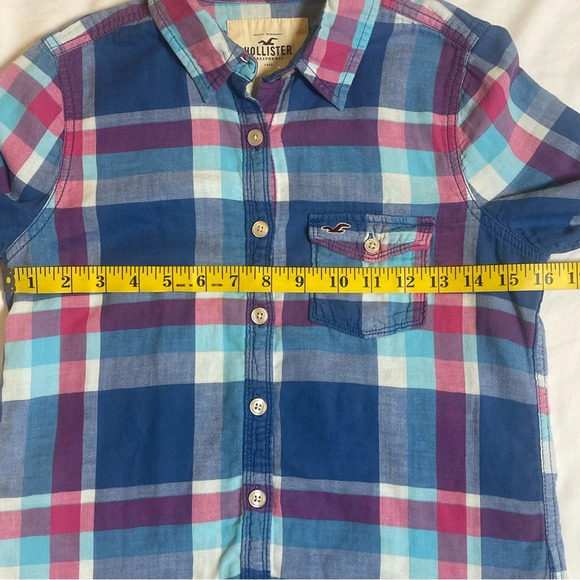 Hollister Women’s Plaid Button-Up Shirt Long Sleeve Blue Pink Purple size small - Picture 9 of 10